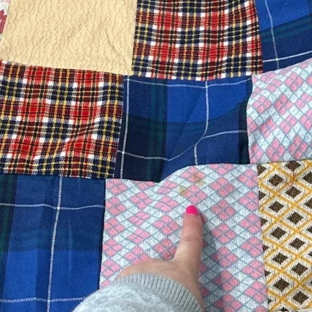 VTG Handmade Patchwork‎ Quilt 42x86 Plaid Floral Fabric Lace Embroidery Cottage